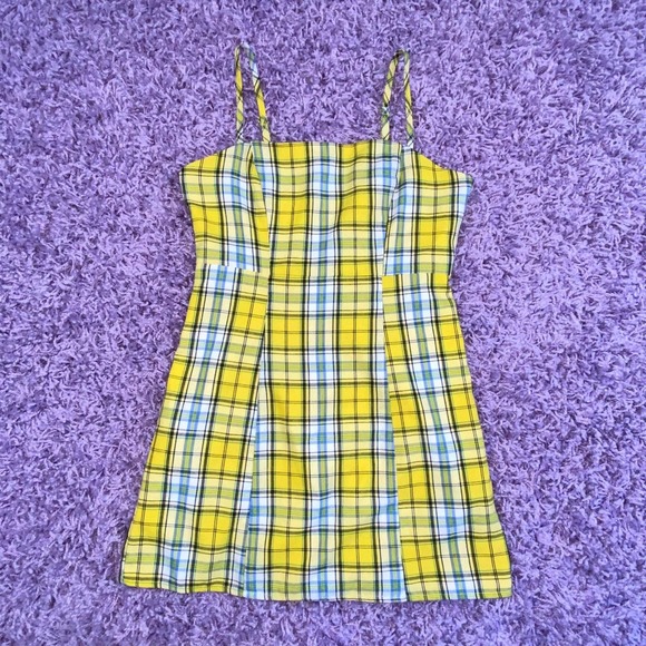 S VTG Y2k Forever21 Yellow Plaid Print Preppy Clueless Mini Dress - Picture 2 of 6